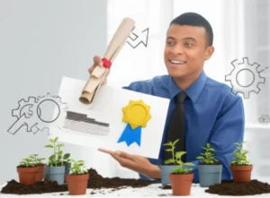 A-happy-person-holding-a-professional-certificate,-surrounded-by-career-growth-symbols,-representing-professional-success-in-a-3D-style.