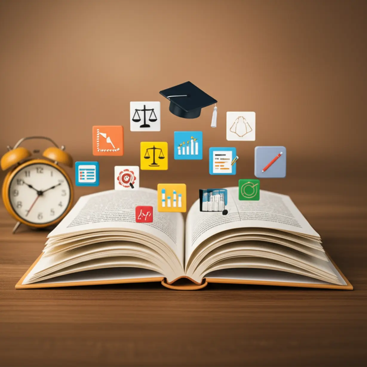 An-open-book-displaying-visual-representations-of-Career-Counselor-Level-2-exam-topics,-with-icons-for-subjects-and-exam-dates-in-a-3D-style.