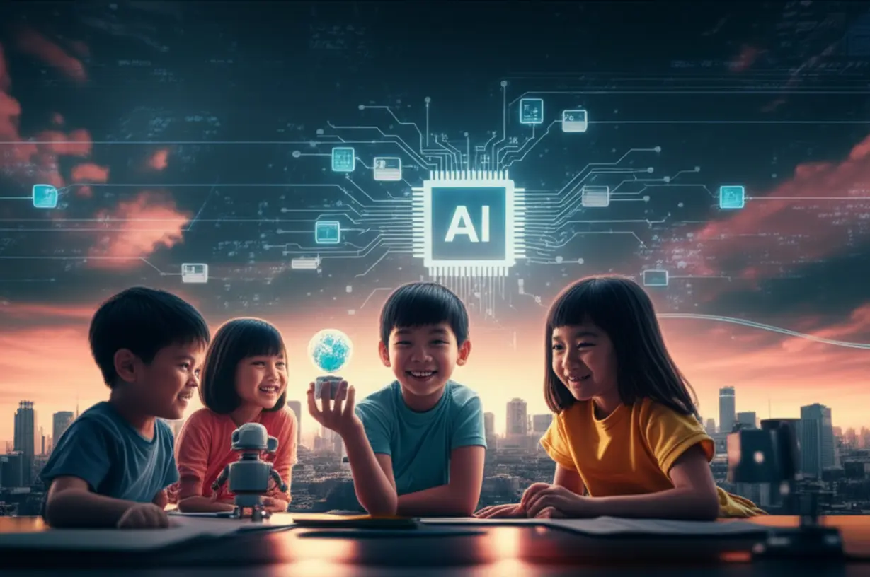 미래-도시를-배경으로-기술과-상호작용하며-학습하는-청소년들의-혁신적인-3D-일러스트레이션.