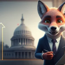 A-friendly-fox,-representing-career-counseling,-standing-confidently-against-a-backdrop-symbolizing-career-progression-and-government-service.