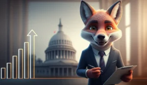 A-friendly-fox,-representing-career-counseling,-standing-confidently-against-a-backdrop-symbolizing-career-progression-and-government-service.