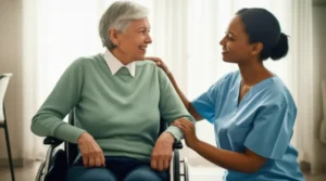 A-supportive-professional-assisting-an-elderly-person-with-a-disability-in-a-comfortable-home,-symbolizing-compassionate-care.