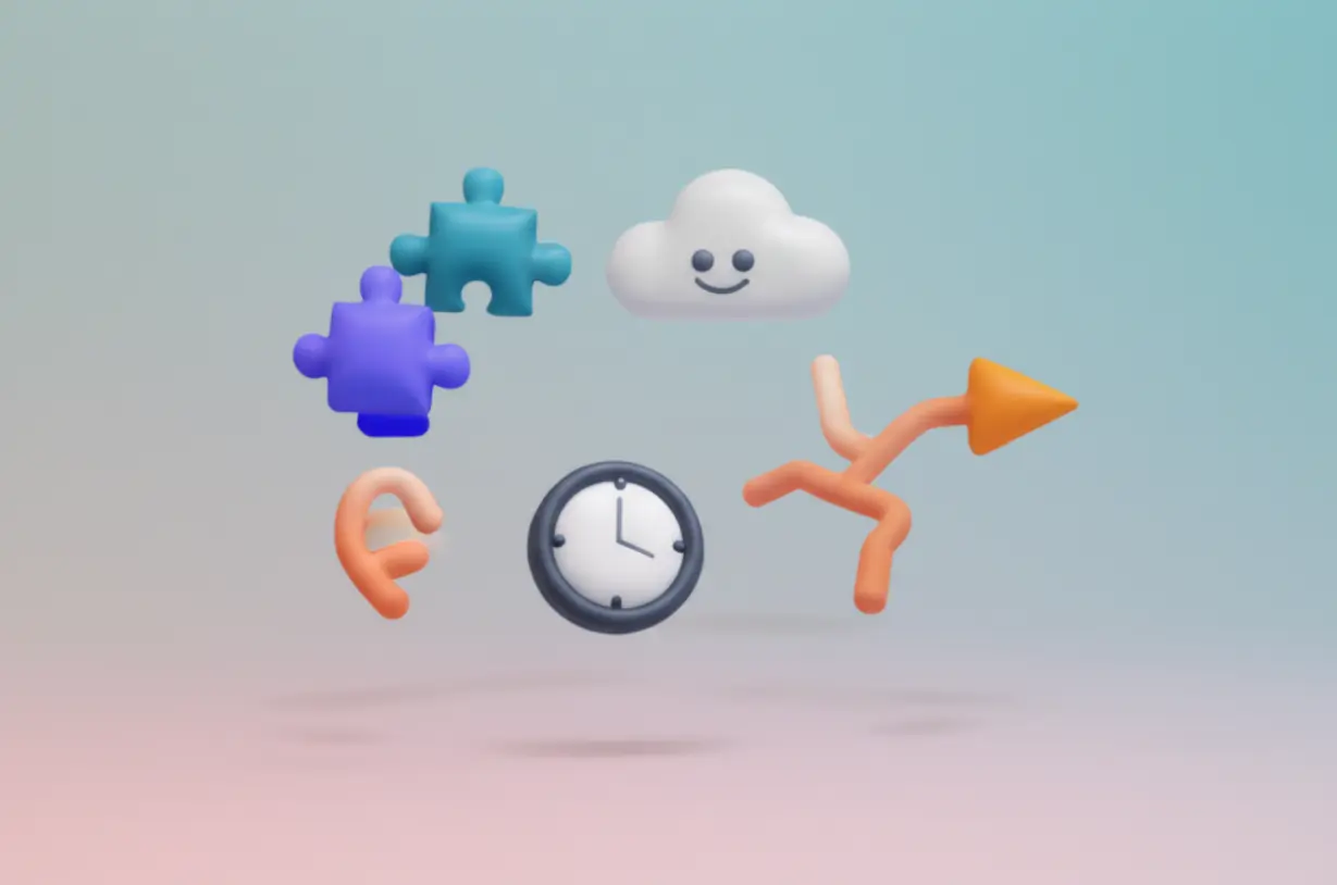 자기소개서-단점-키워드-유형을-보여주는-귀여운-3D-이미지.-반쯤-완성된-퍼즐,-수줍은-구름,-시계,-망설이는-화살표-등-여러-추상적인-아이콘들이-부드러운-빛을-내며-떠다니고-있습니다.