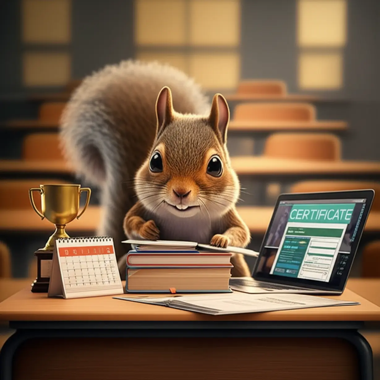 A-diligent-squirrel-studying-at-a-desk-with-books-and-a-laptop,-symbolizing-the-preparation-for-certification-and-civil-service-exams.