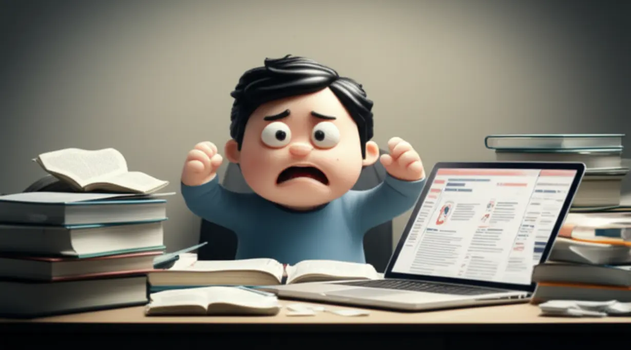 A-3D-illustration-of-a-person-feeling-overwhelmed-while-attempting-to-learn-English-alone,-surrounded-by-disorganized-study-materials.