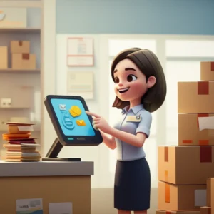 A-3D-illustration-of-a-happy-civil-servant-working-in-a-post-office,-representing-a-stable-career-with-good-work-life-balance.