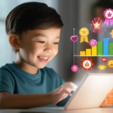 책상에-앉아-영어-단어와-문법-기호가-표시된-태블릿을-사용하는-귀여운-3D-어린이의-모습.-머리-위에는-성취-배지와-영어-발전-그래프가-떠-있고,-배경에는-책과-학습-도구가-놓여-있다.