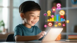책상에-앉아-영어-단어와-문법-기호가-표시된-태블릿을-사용하는-귀여운-3D-어린이의-모습.-머리-위에는-성취-배지와-영어-발전-그래프가-떠-있고,-배경에는-책과-학습-도구가-놓여-있다.