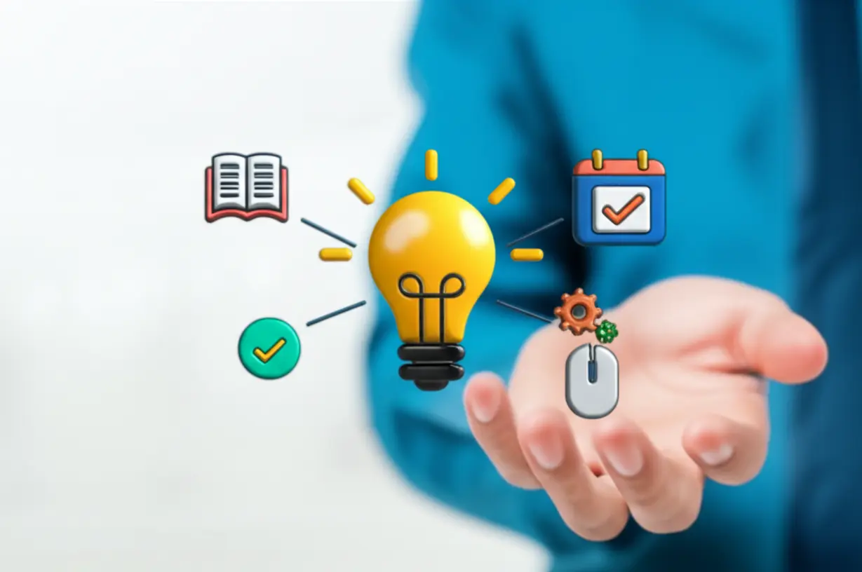 A-cute-3D-rendering-of-various-online-learning-tools-and-resources,-with-a-selection-process-highlighted-by-checkmarks-and-decision-points.