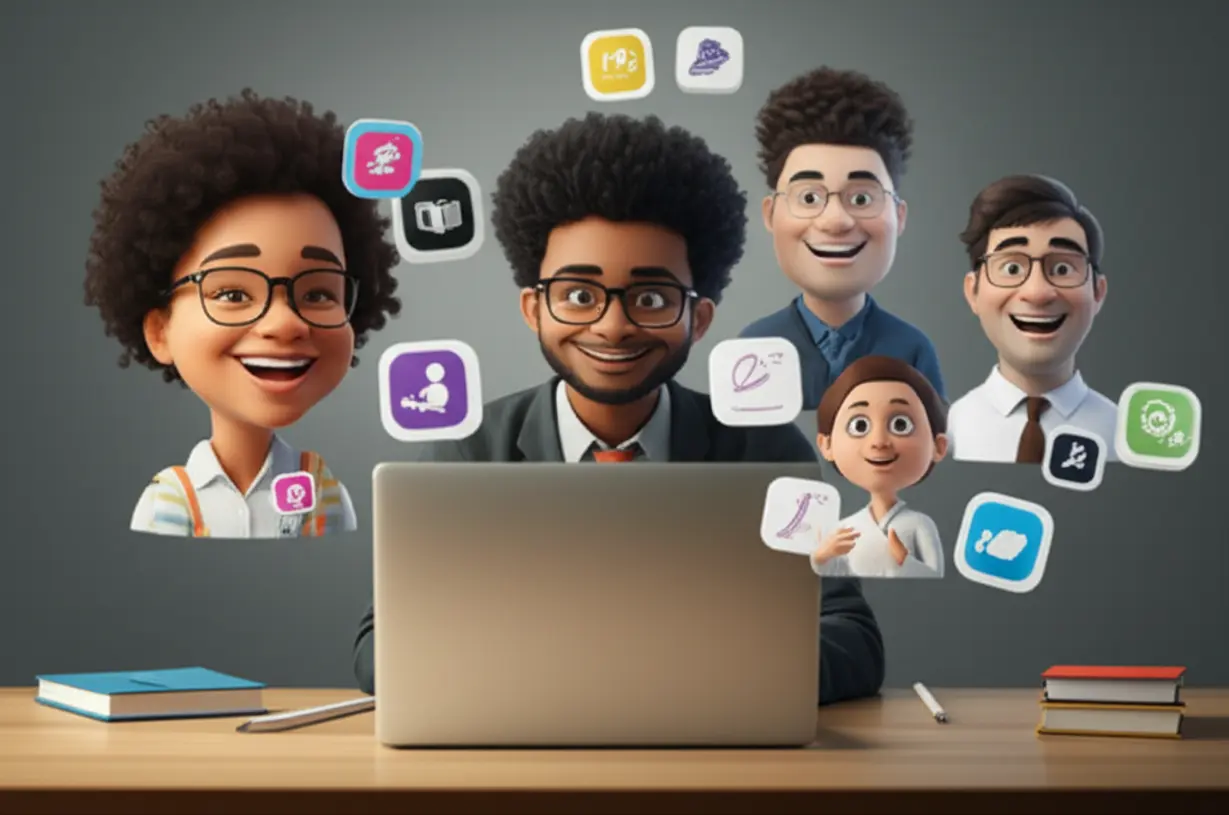 다양한-강사-아바타-중에서-한-학생-아바타가-노트북-앞에서-자신에게-맞는-강사를-신중하게-선택하는-모습.