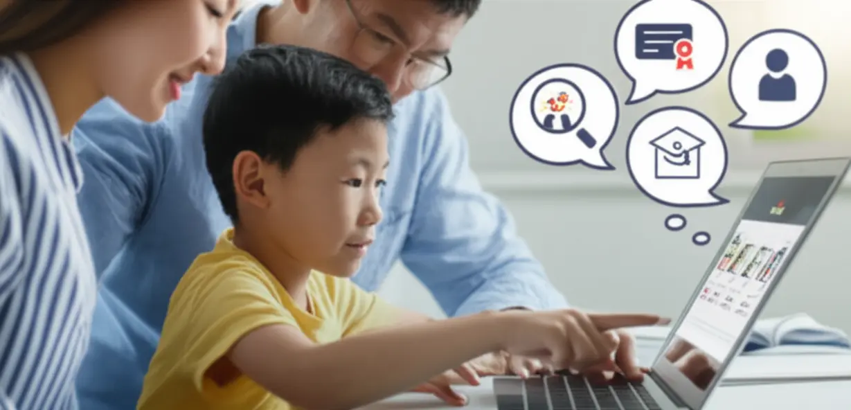 Parent-and-child-selecting-an-online-English-learning-platform