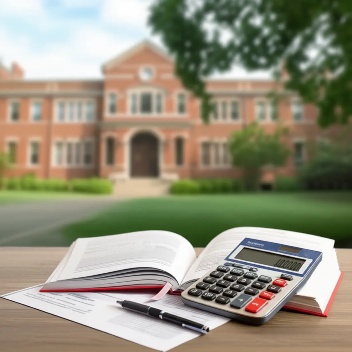A-3D-illustration-of-an-open-book,-calculator,-and-admission-forms,-representing-university-fees-and-application-data.