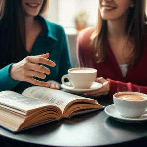 Two-people-having-a-relaxed-English-conversation-in-a-cafe,-symbolizing-easy-small-talk-and-language-learning.