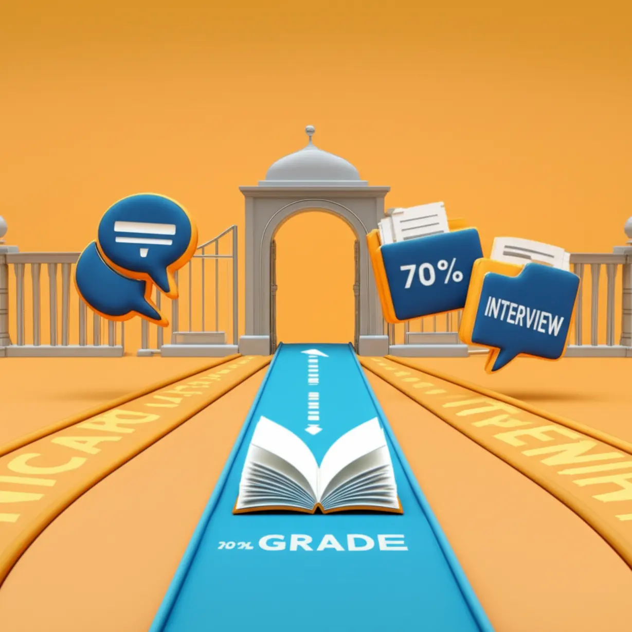 A-cute-3D-illustration-showing-two-distinct-university-admission-pathways,-one-based-on-grades-and-the-other-on-documents-and-interviews.