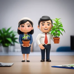직업상담사와-공무원의-고용-안정성을-비교하는-귀여운-3D-이미지.-한-캐릭터는-불안정한-작은-식물을-들고-있고,-다른-캐릭터는-안정적인-큰-식물을-들고-미소-짓고-있다.