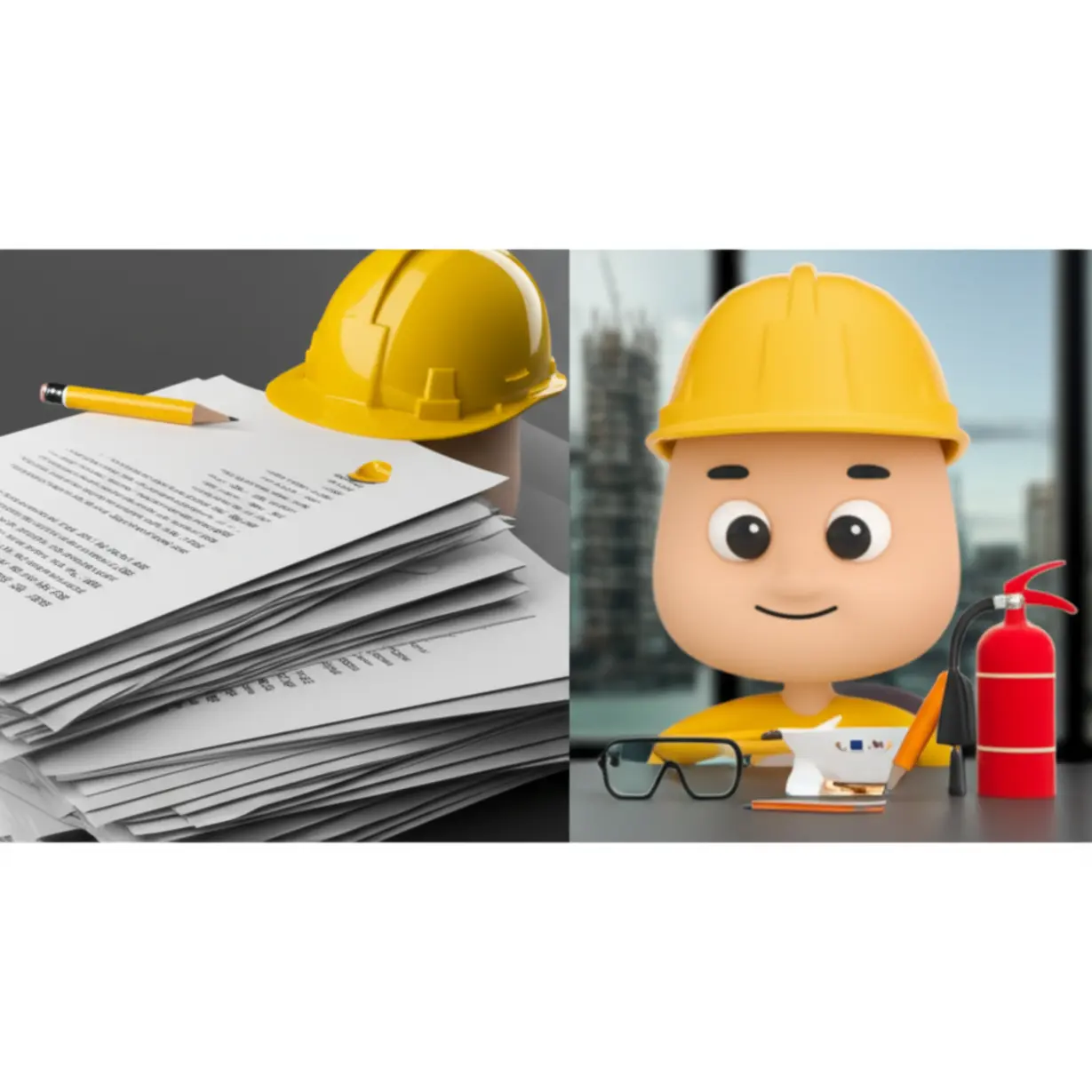 A-cute-3D-image-showing-exam-papers-and-a-pencil-on-one-side,-and-miniature-safety-equipment-like-a-hard-hat-and-goggles-on-the-other.-A-cartoon-character-reviews-papers.