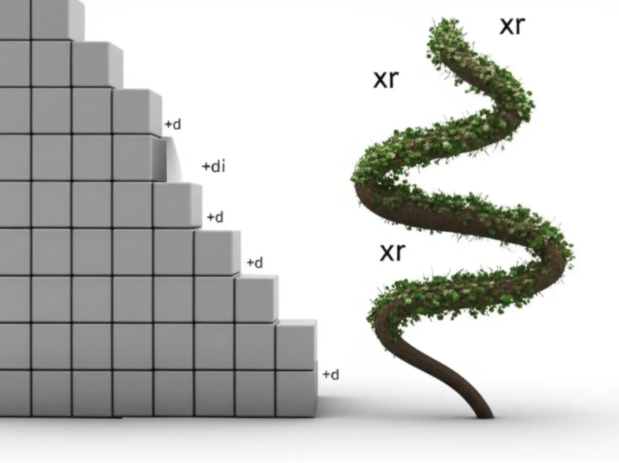 A-cute-3D-illustration-depicting-an-arithmetic-series-with-uniformly-increasing-blocks-and-a-geometric-series-with-an-exponentially-branching-plant,-symbolizing-their-general-terms.