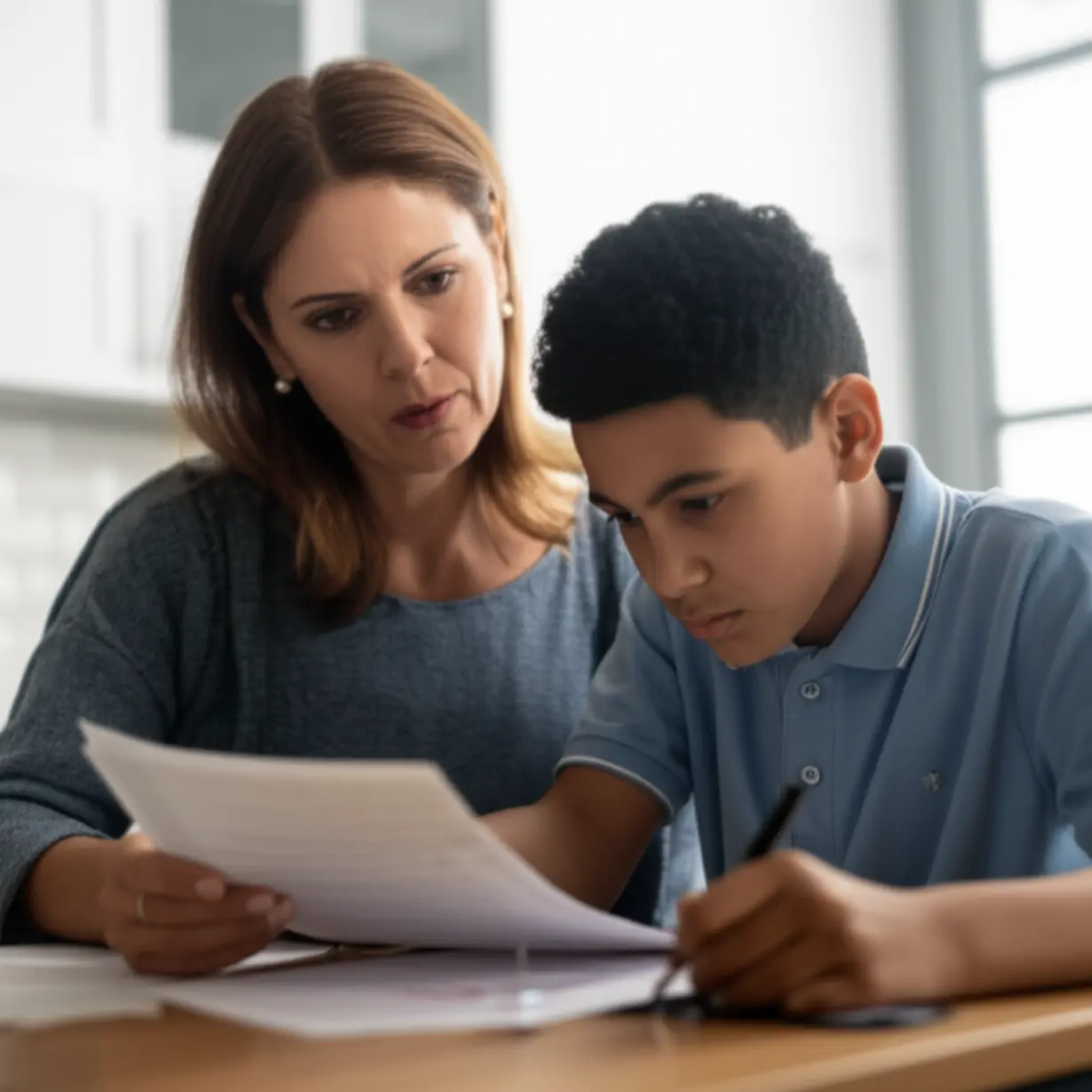 A-parent-and-child-looking-at-a-math-test,-expressing-worry-about-grades.