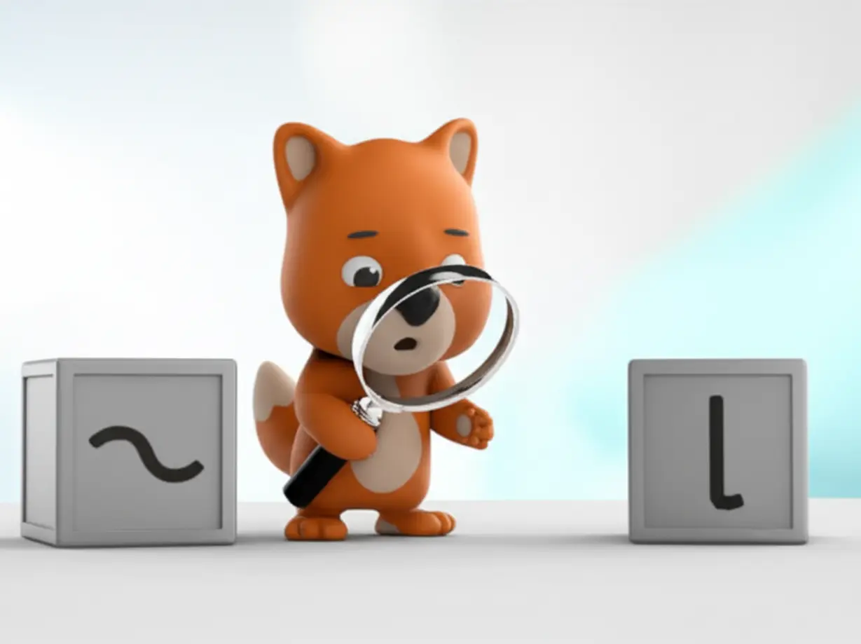 A-cute-3D-cartoon-creature-looking-puzzled-at-two-subtly-different-abstract-blocks,-representing-the-challenge-of-distinguishing-similar-English-words.
