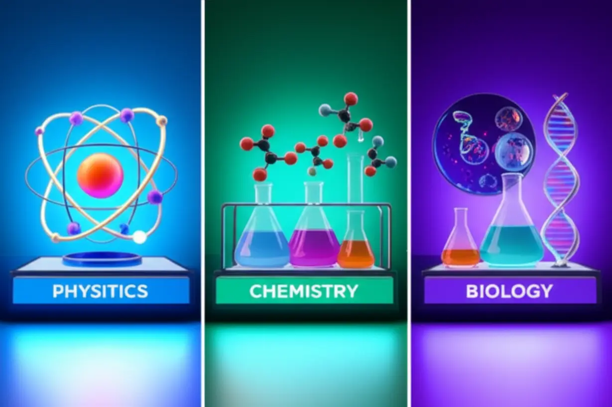 Cute-3D-image-of-three-stations-representing-physics-(atom,-circuits),-chemistry-(beakers,-molecules),-and-biology-(DNA,-cell).