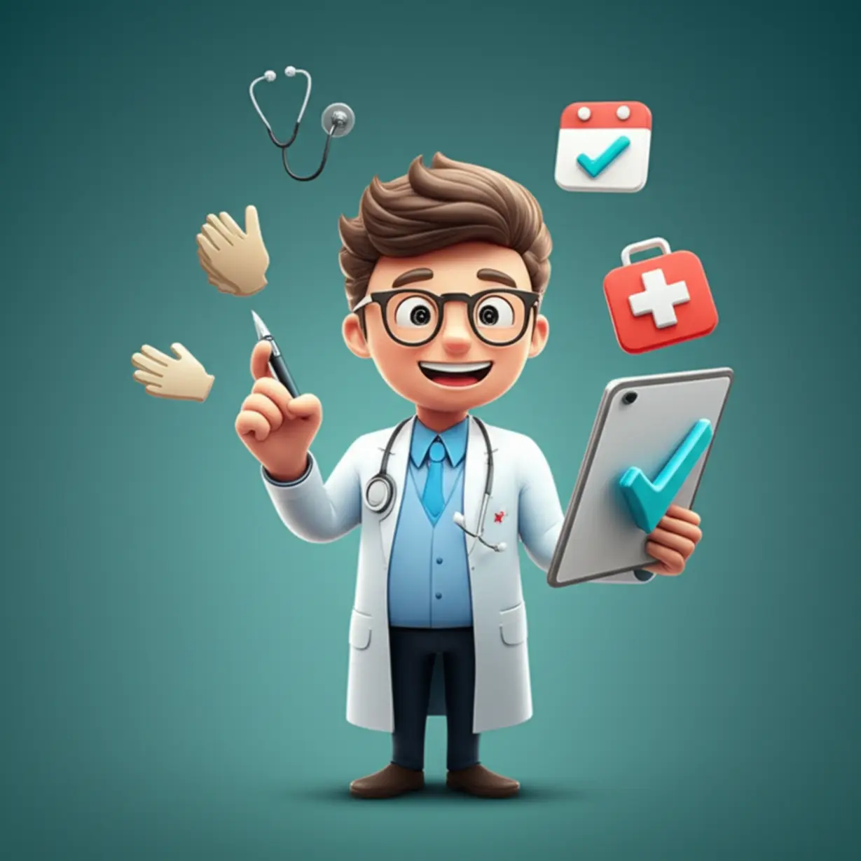 A-cute-3D-illustration-of-a-character-confidently-navigating-medical-training-and-a-successful-exam,-surrounded-by-relevant-icons,-symbolizing-a-comprehensive-education-for-a-hospital-escort-manager.