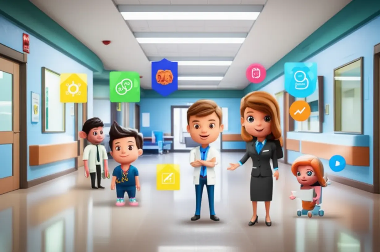 A-cute-3D-illustration-of-a-dynamic-hospital-setting-showcasing-a-hospital-escort-manager-interacting-with-patients-and-staff,-highlighting-various-career-opportunities-and-stable-employment-in-the-healthcare-sector.