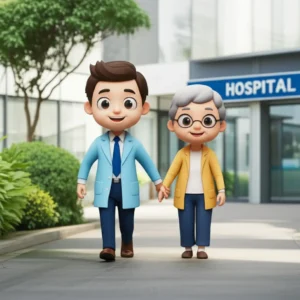 A-cute-3D-illustration-of-a-hospital-escort-manager-providing-compassionate-assistance-to-an-elderly-patient,-representing-professional-support-and-care.