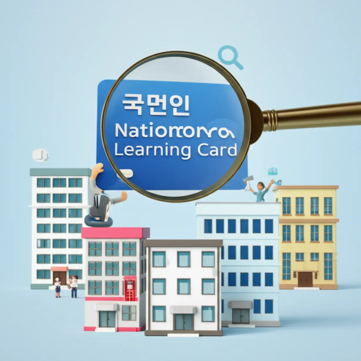 국민내일배움카드가-떠-있고-여러-학원-건물-중-하나를-선택하는-모습을-나타낸-3D-이미지
