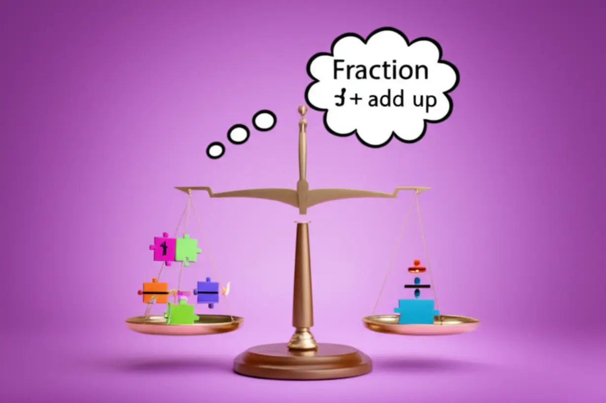 A-cute-3D-image-illustrating-everyday-situations-with-math-operations:-puzzle-pieces-dividing,-a-small-fraction-of-items,-a-scale-that-doesn