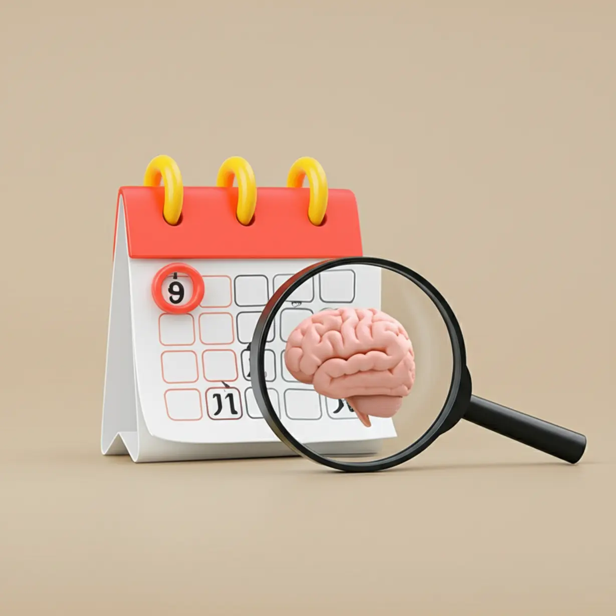 A-3D-illustration-of-a-calendar,-magnifying-glass,-and-brain-icon,-symbolizing-the-careful-planning-and-detailed-process-of-psychological-assessment.