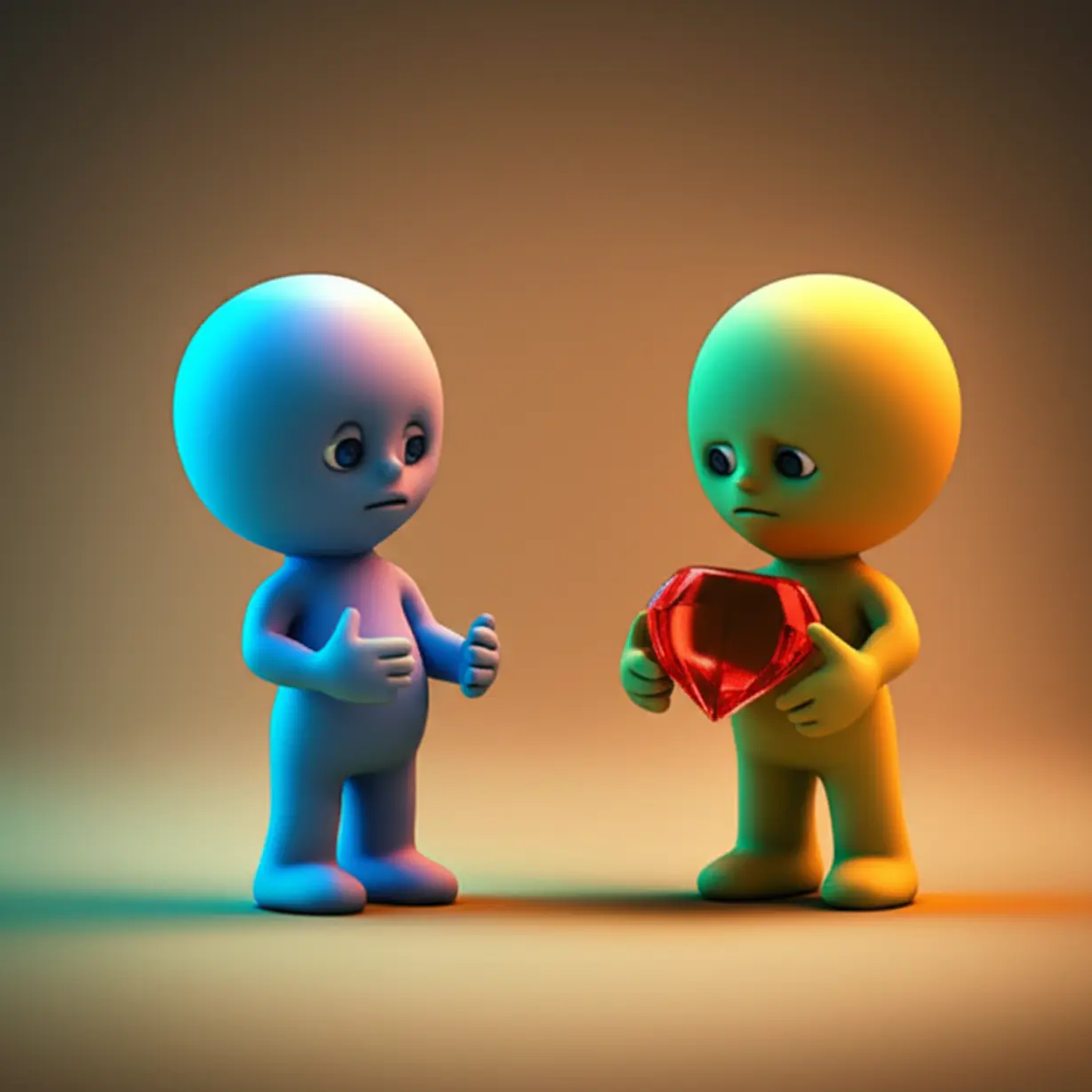 서로-다른-감정을-표현하는-두-개의-귀여운-캐릭터-3D-이미지