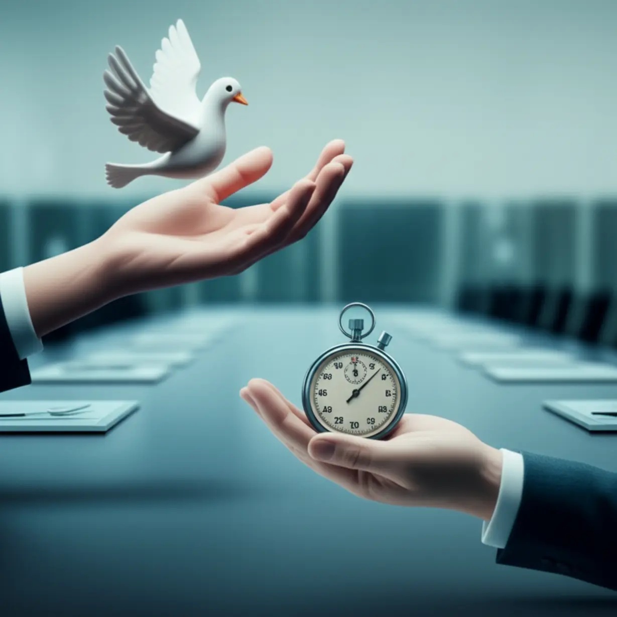 평화를-상징하는-비둘기와-시간을-상징하는-스톱워치를-들고-있는-두-개의-손이-외교-회담을-암시하는-배경에-있는-귀여운-3D-이미지
