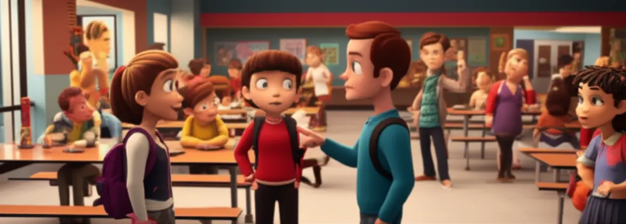 A-3D-rendering-of-a-bustling-1998-high-school-setting-with-diverse-cartoon-style-characters,-representing-an-ensemble-cast.