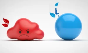 A-cute-3D-representation-of-two-distinct-concepts,-one-intense-and-red-(sorely),-one-solitary-and-blue-(solely),-symbolizing-the-difference-between-the-adverbs.