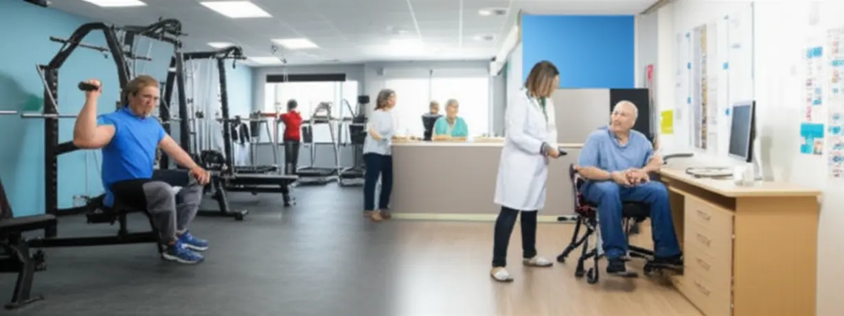 A-cute-3D-illustration-depicting-various-career-environments-for-an-exercise-prescriber,-including-a-gym,-rehabilitation-center,-and-senior-care-facility,-showcasing-diverse-opportunities.