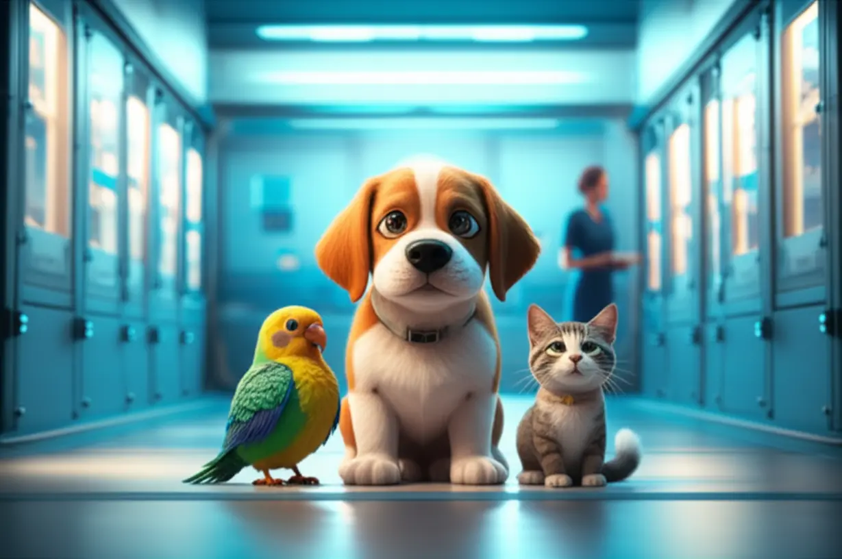 A-cute-3D-representation-of-various-contented-pets-(dog,-cat,-bird)-in-a-high-tech-pet-facility,-symbolizing-the-wide-range-of-job-opportunities-in-pet-management.