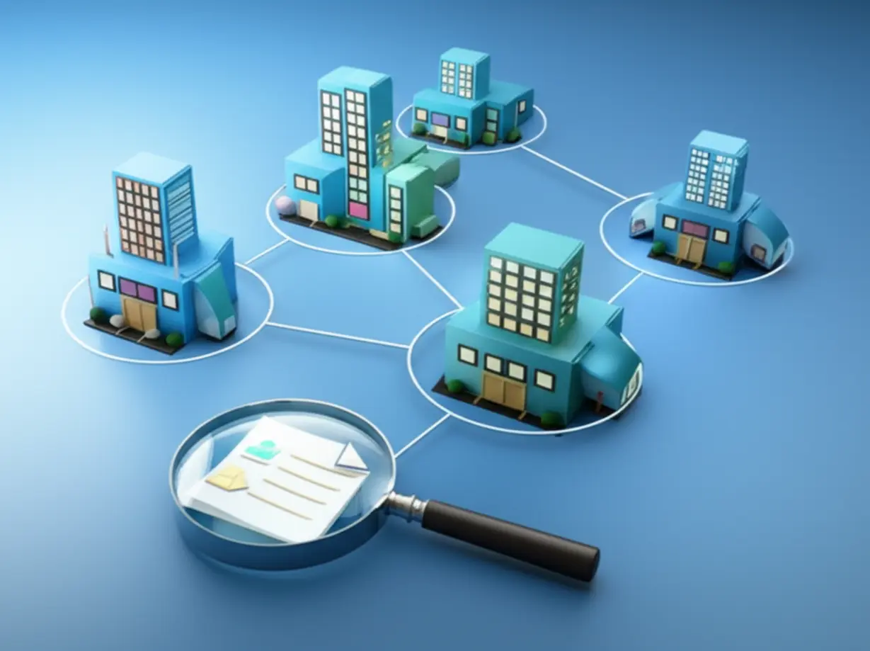 A-3D-image-of-various-building-icons-representing-different-company-divisions,-with-a-magnifying-glass-examining-job-qualification-documents.