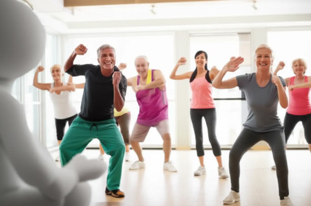 A-cute-3D-illustration-showing-a-diverse-group-of-people-happily-exercising-in-a-bright-gym,-with-an-expert-figure-providing-guidance-and-support.