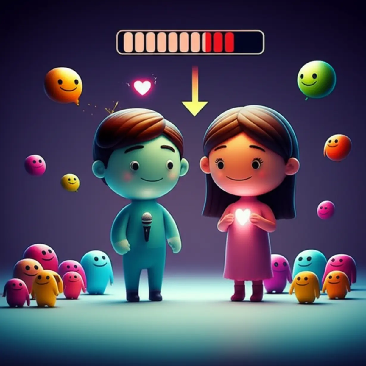 A-cute-3D-image-with-two-abstract-characters,-one-symbolizing-a-male-ENFP-with-a-mood-maker-trait-and-a-quickly-changing-heart,-and-another-symbolizing-a-female-ENFP-with-social-charm,-emotional-fluctuations,-and-a-hidden-desire-for-affection,-with-playful-background-elements.
