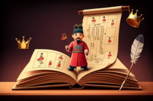 An-open-history-book-and-a-scroll-depicting-stylized-Joseon-kings-and-historical-elements,-in-a-cute-3D-art-style.