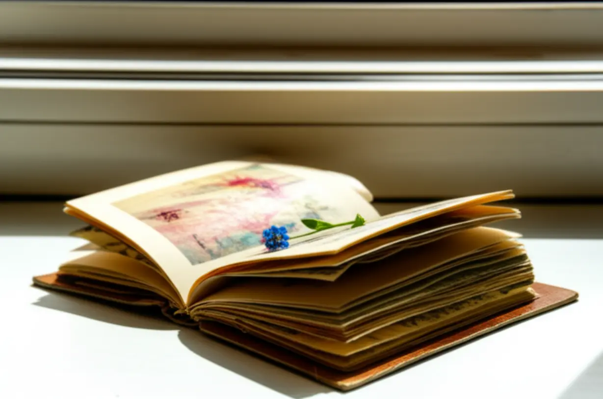 A-3D-image-of-an-old,-open-diary-on-a-sunlit-window-sill,-with-abstract-patterns-and-a-small-flower,-symbolizing-cherished-memories-and-a-life