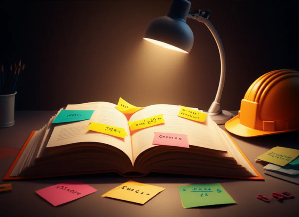 An-open-textbook-with-notes-and-a-safety-helmet-on-a-desk,-illustrating-effective-self-study-strategies-for-the-Industrial-Safety-Engineer-exam.