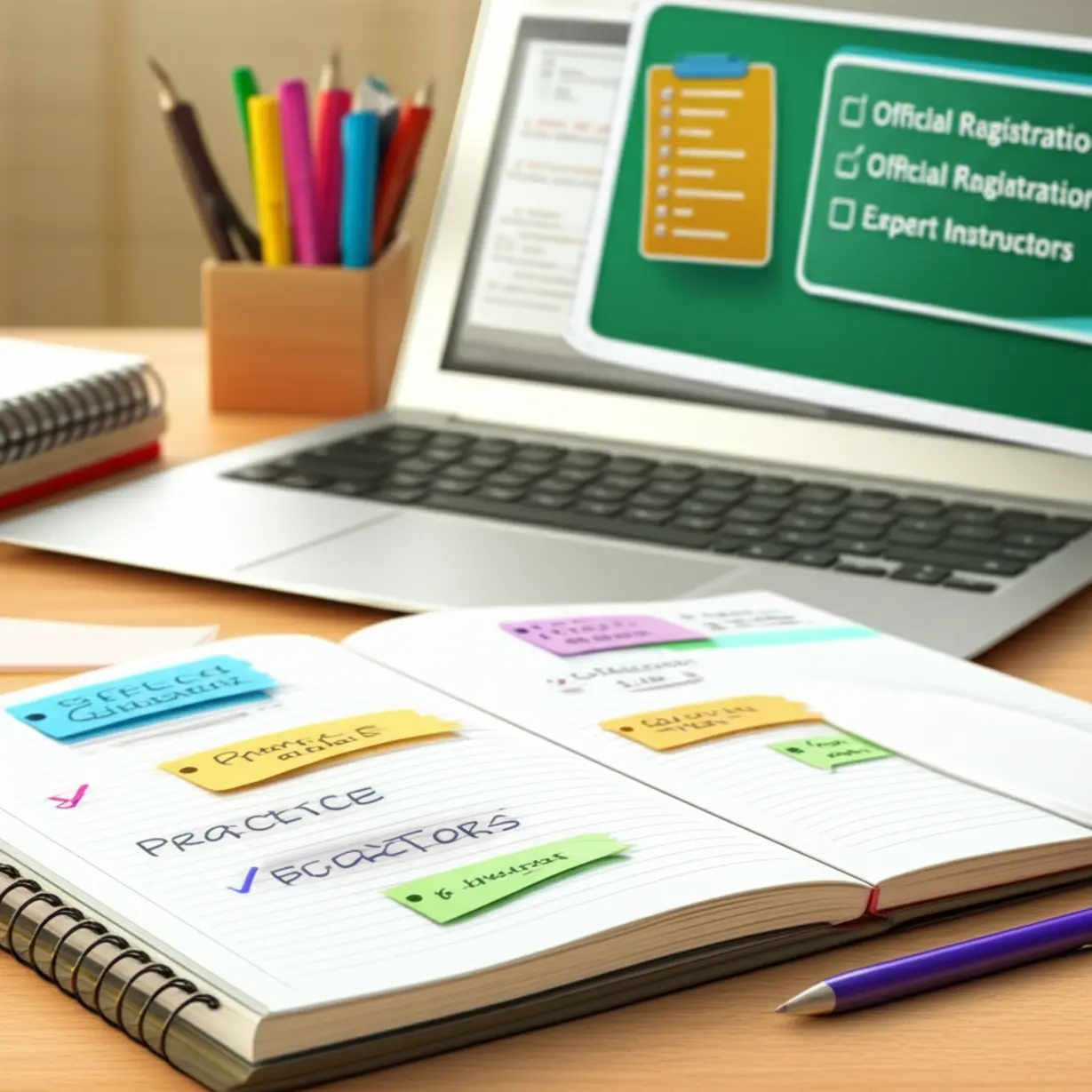필기된-노트,-문제집,-그리고-신뢰할-수-있는-교육기관-선택-기준-체크리스트가-있는-책상-이미지
