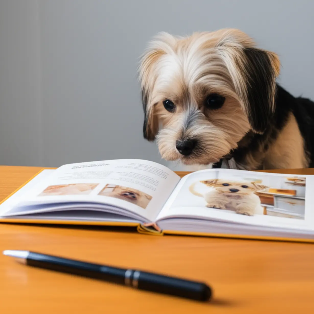 A-cute-3D-image-of-a-study-desk-with-an-open-pet-care-textbook,-a-pen,-and-a-curious,-attentive-dog,-symbolizing-focused-study-and-practical-application-of-knowledge.