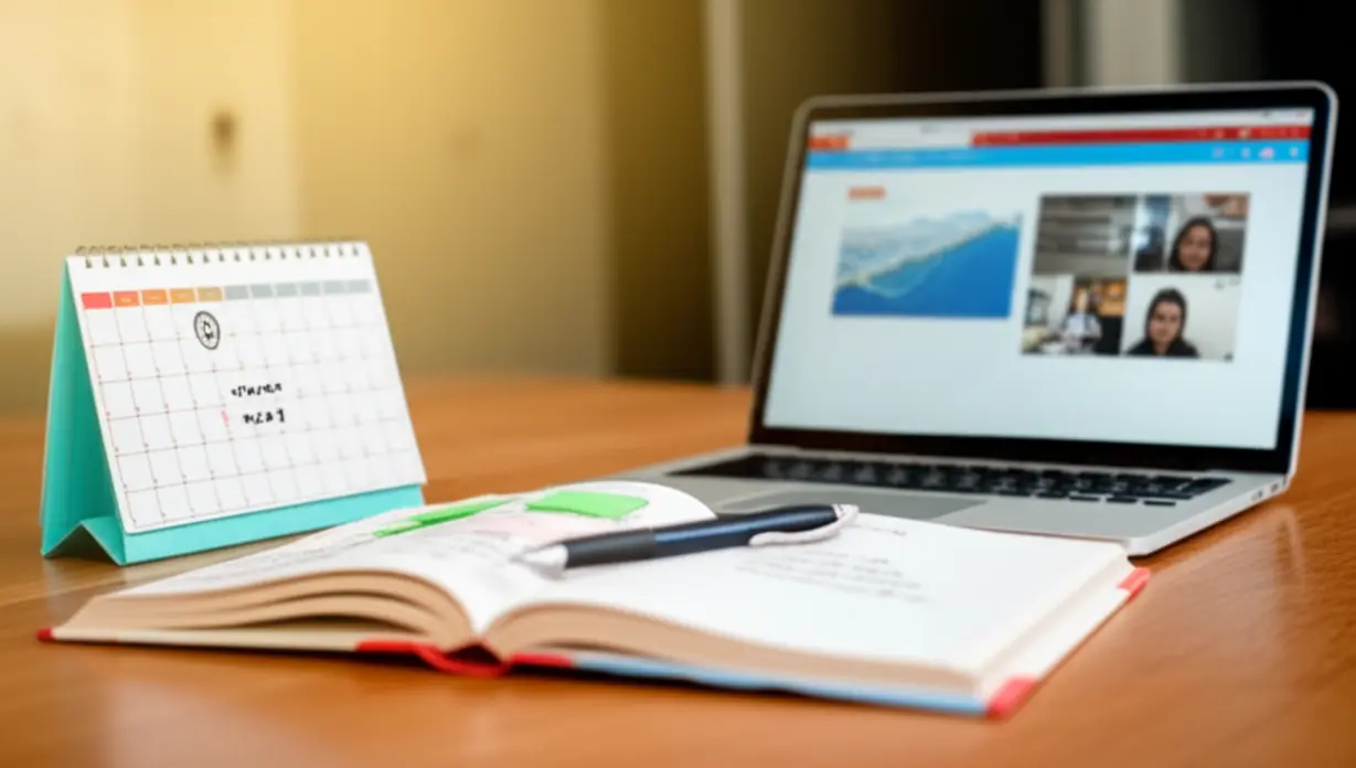 An-open-textbook-with-notes-and-a-laptop-showing-an-online-lecture,-illustrating-focused-study-for-an-exam.