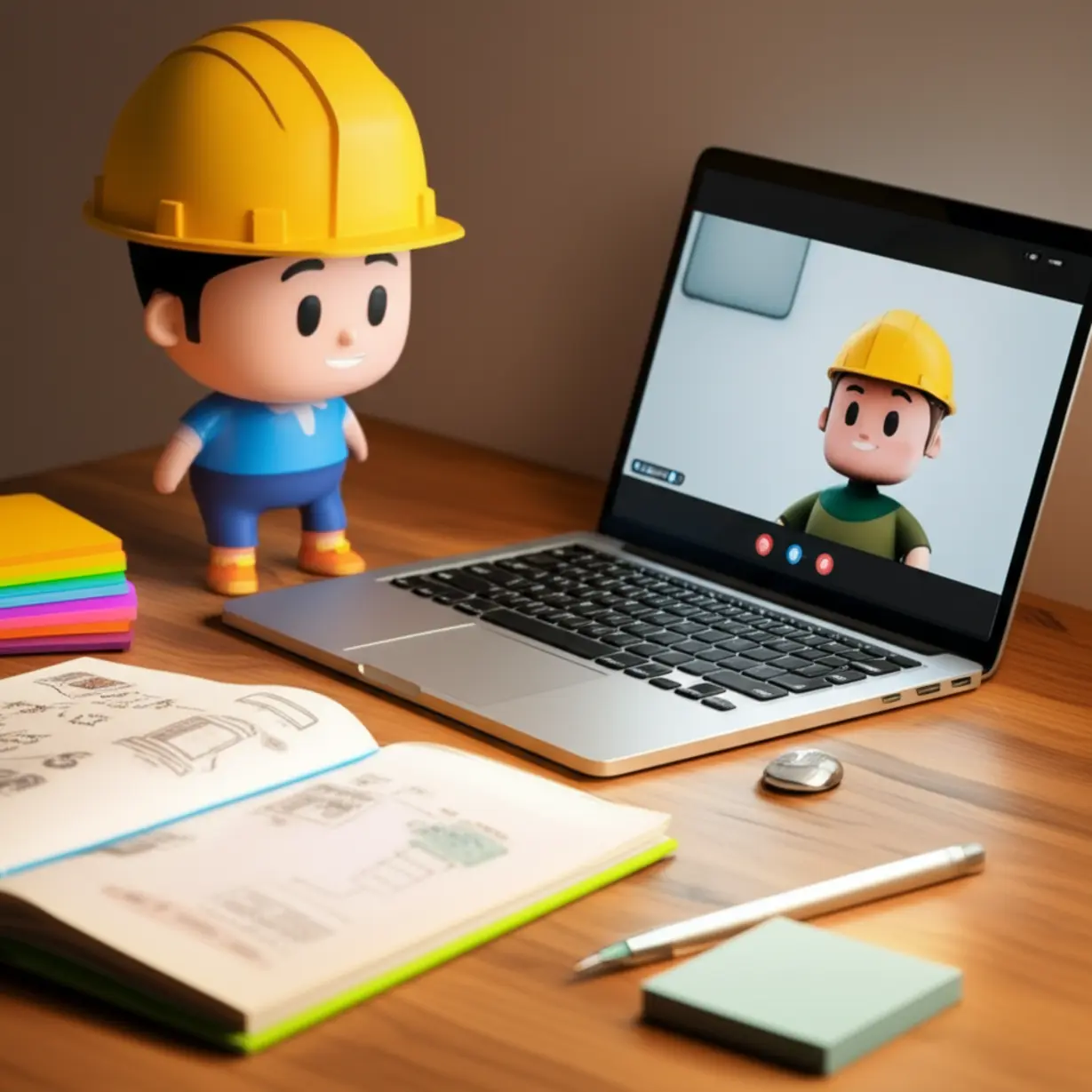 A-cute-3D-study-corner-with-textbooks,-a-laptop-displaying-an-online-lecture,-and-notes,-with-a-cartoon-safety-helmet-nearby.