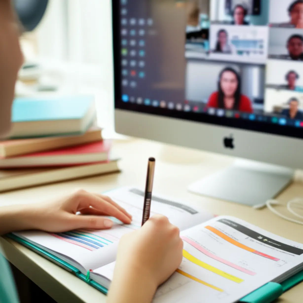 A-person-making-notes-in-a-planner-with-study-materials-around-them.