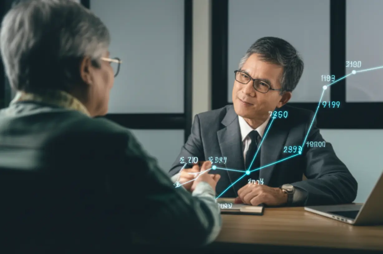 노인-상담사와-고객,-경력-성장-차트를-배경으로