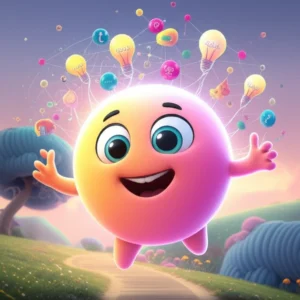 A-cute-3D-abstract-character-radiating-energy-and-curiosity,-symbolizing-the-ENFP-personality,-surrounded-by-sparkling-ideas-in-a-whimsical-landscape.