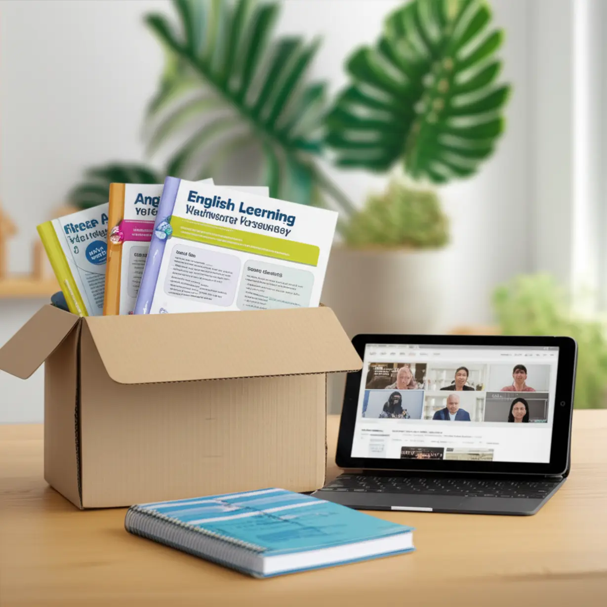 A-cute-3D-rendering-of-an-open-package-revealing-English-workbooks-and-online-study-materials.